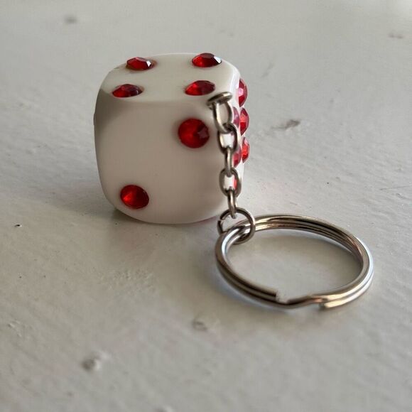 Vintage Lucky White Dice Keychain With Red Rhinestones - Picture 6 of 7